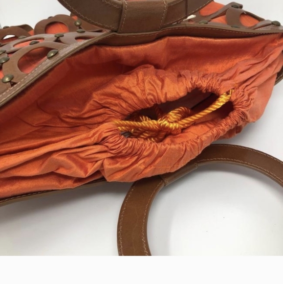 Inge Sport by Inge Christopher Large Leather and Raw Silk Orange Tote Bag - Picture 3 of 5